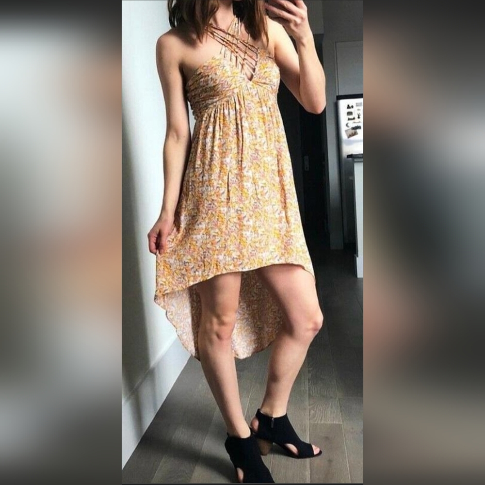 BCBGeneration Peach Multi Color V-neck High-Low A-line Dress
